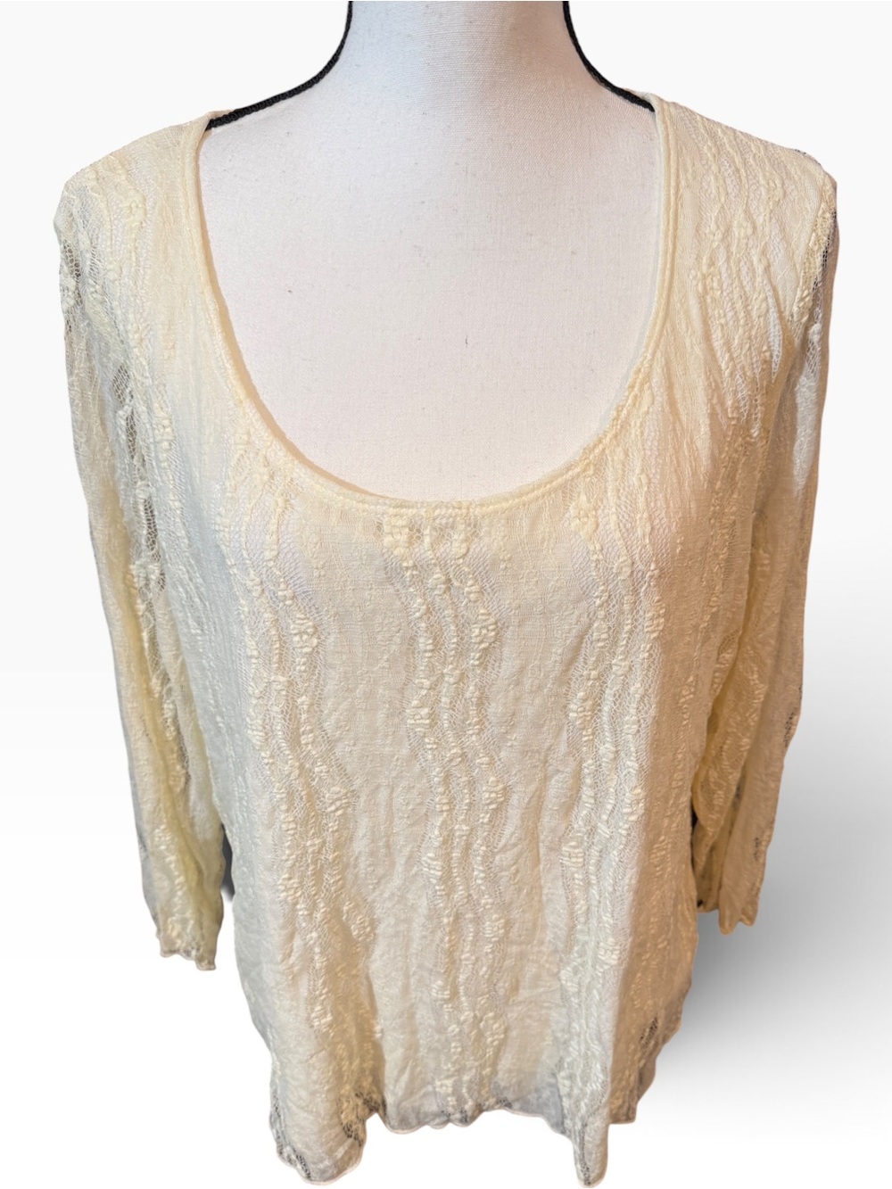 Lane Bryant Cream Scoop Neck Long Sleeve Lace-Texture Top, size 14/16